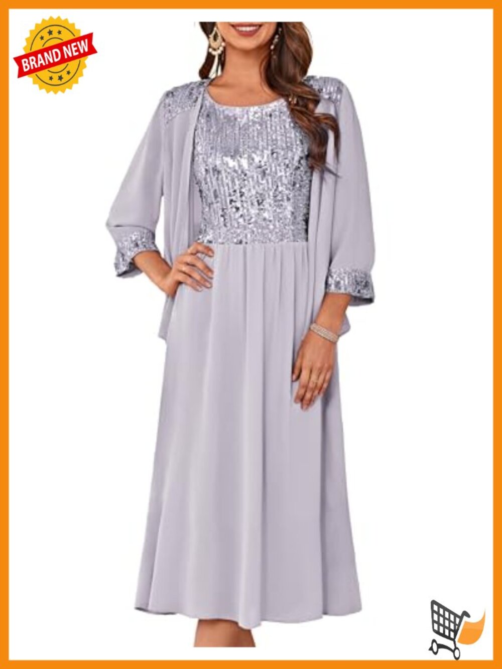 Sequin Chiffon Tea Length A-Line Dress with Jacket Formal Wedding Guest